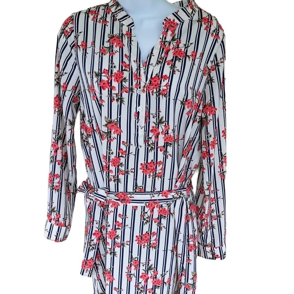 (346) A'Gaci Navi & White Stripes Floral Long sleeve Dress size Medium